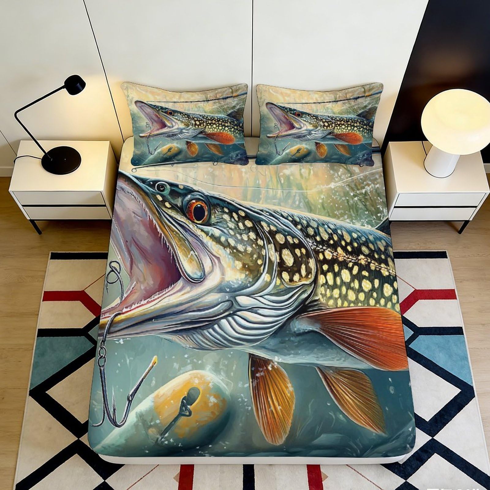 3D Printed Lifelike Fish Art Fitted Sheet Microfiber Soft Anti-Slip Underwater Pike Mattress Cover for Bedroom Decor 140x200x25cm