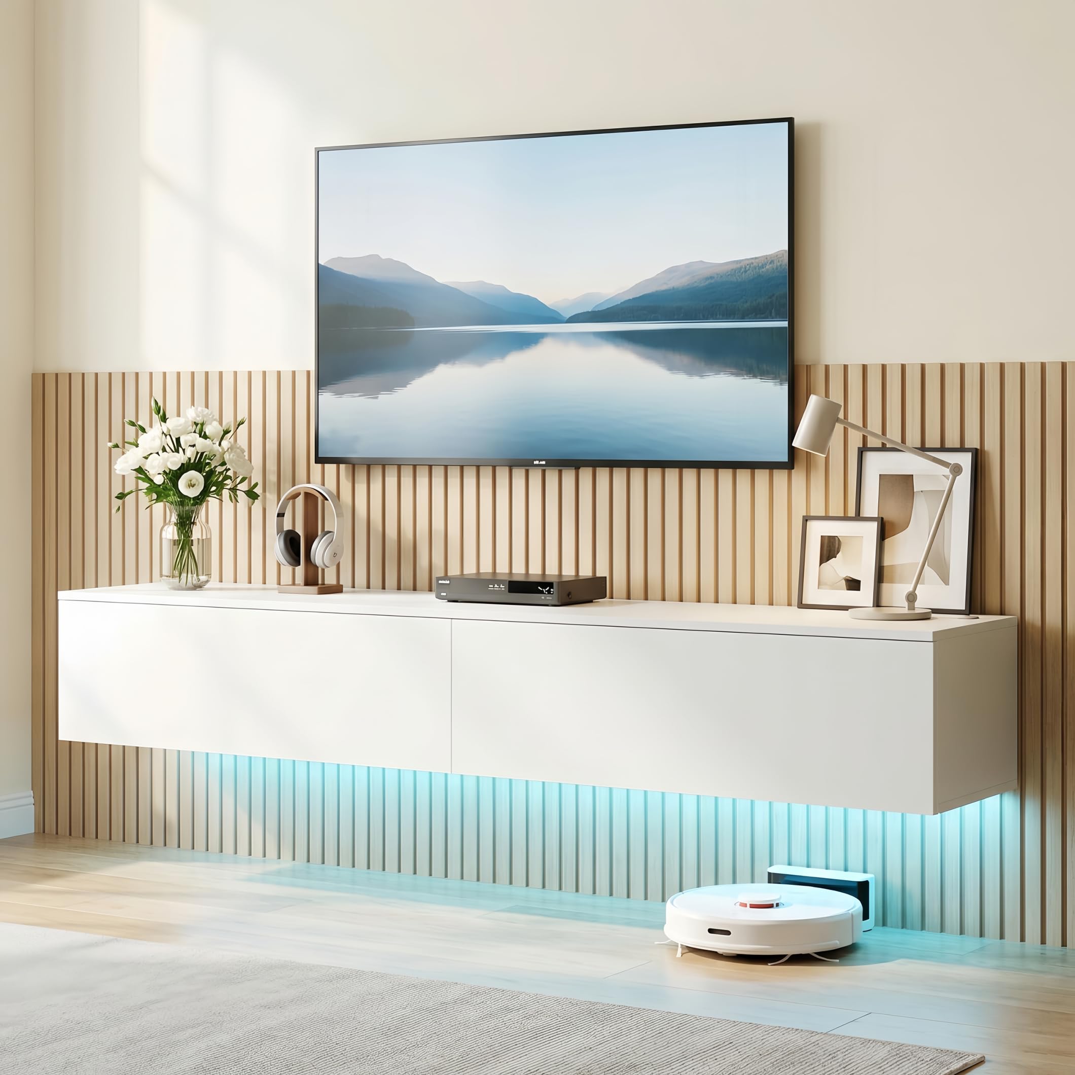 Meuble TV Blanc 180 cm, avec 2 Compartiments de Rangement, avec lumières LED, Meuble TV Suspendu, adapté au Salon, Chambre à Coucher, Style Moderne, Blanc