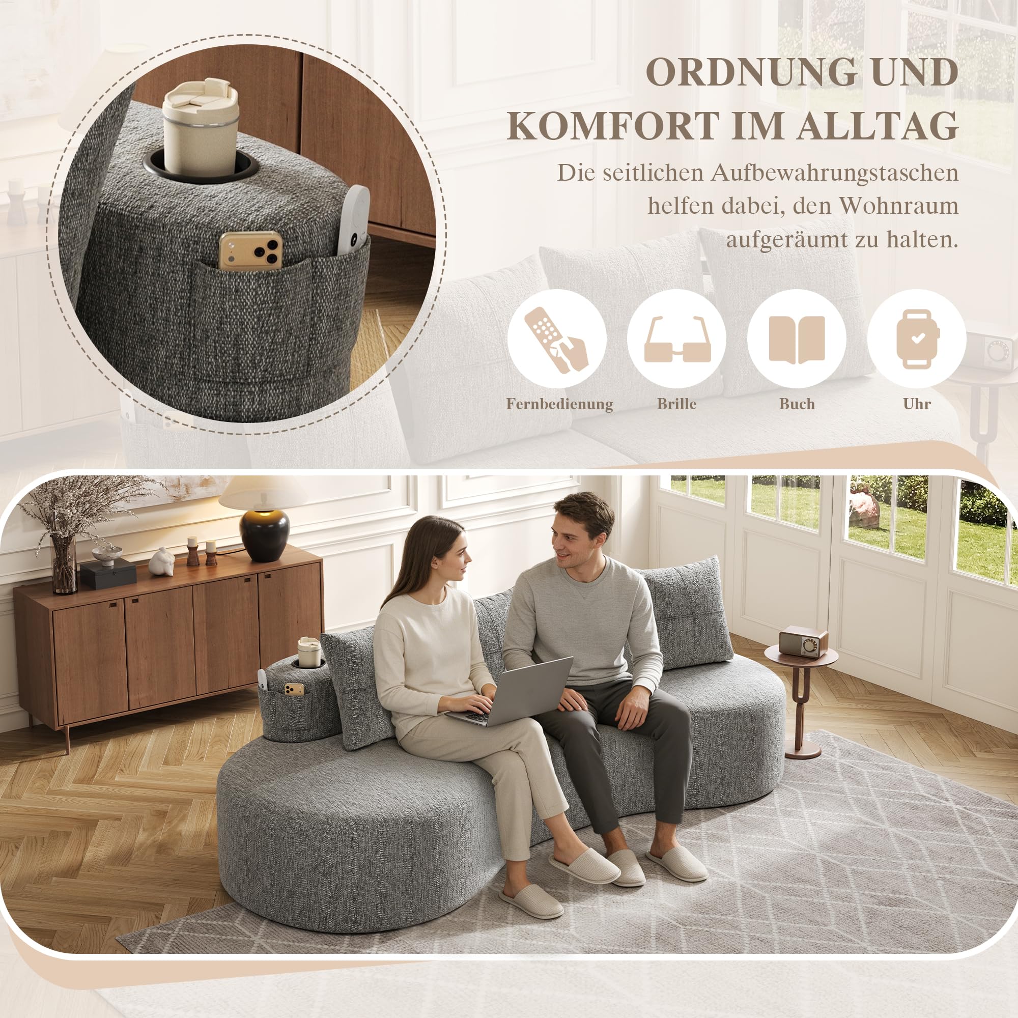 Modulares Schlafsofa Leinenstoff, Boneless Couch mit Schlaffunktion, Hochdichtschaumfüllung + Federstücke, Tassenhalter & Seitentasche, Ohne Montage, fürs Wohnzimmer, Gästezimmer oder Balkon