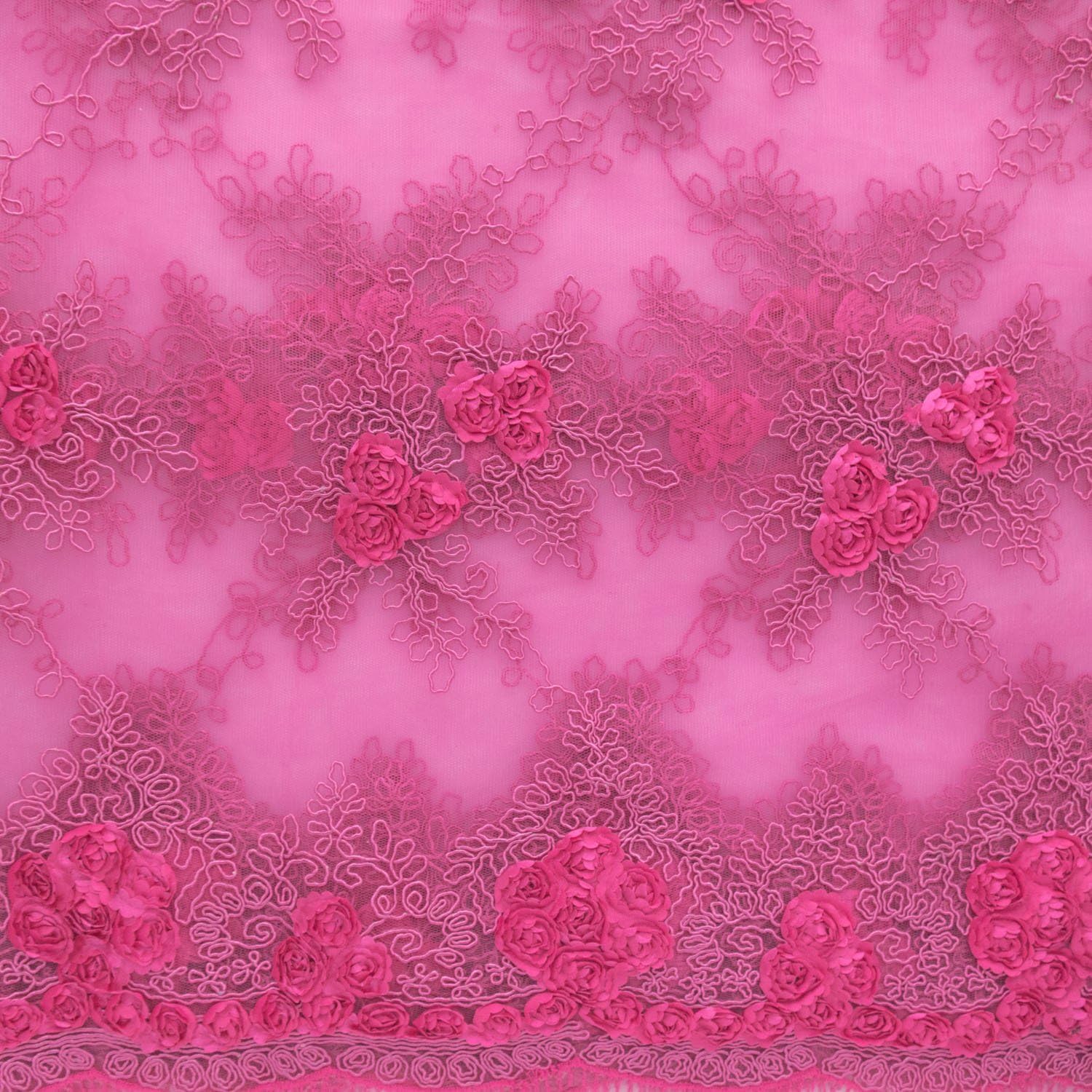 Corsage Lace Embroidered Roses on Mesh 54 Inch Wide Fabric by The Yard (F.E.®) (Hot Pink)