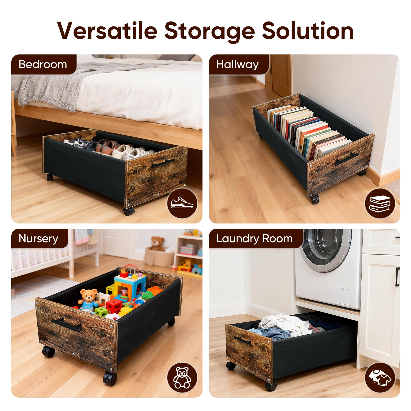 2er Set 70L Unterbett Aufbewahrungsbox mit Deckel, Unterbettkommode mit Rollen, Holz & Metallrahmen, Bettkasten Aufbewahrung für Kleidung, Schuhe, Spielzeug und Decken 75x42x27,5cm