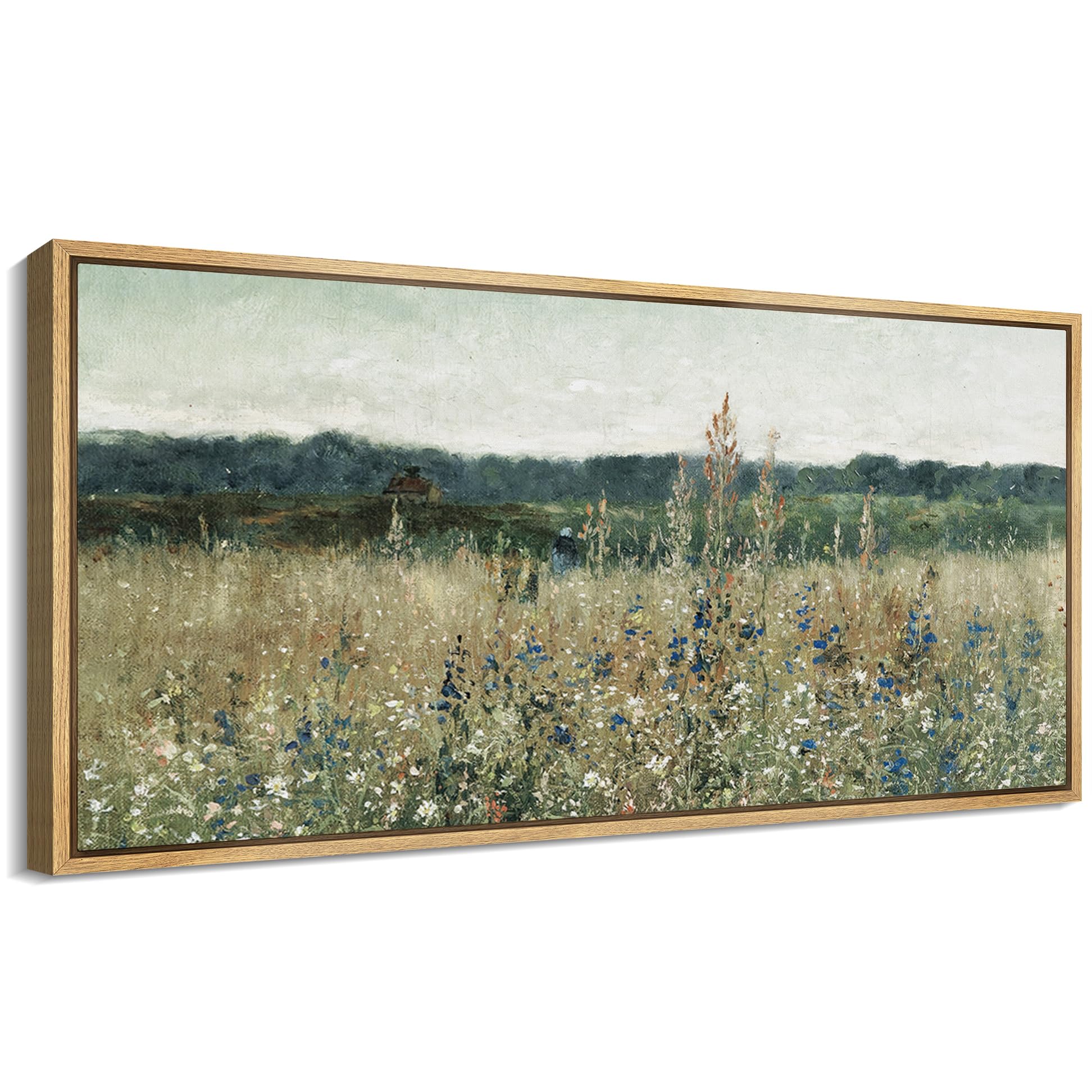 MUDECOR Extra Large Framed Canvas Print Wall Art Rustic Field and Wildflowers Countryside Nature Wilderness Antique Retro Fine Art Illustrations Decorative Colorful Multicolor for Bedroom - 60"x30"