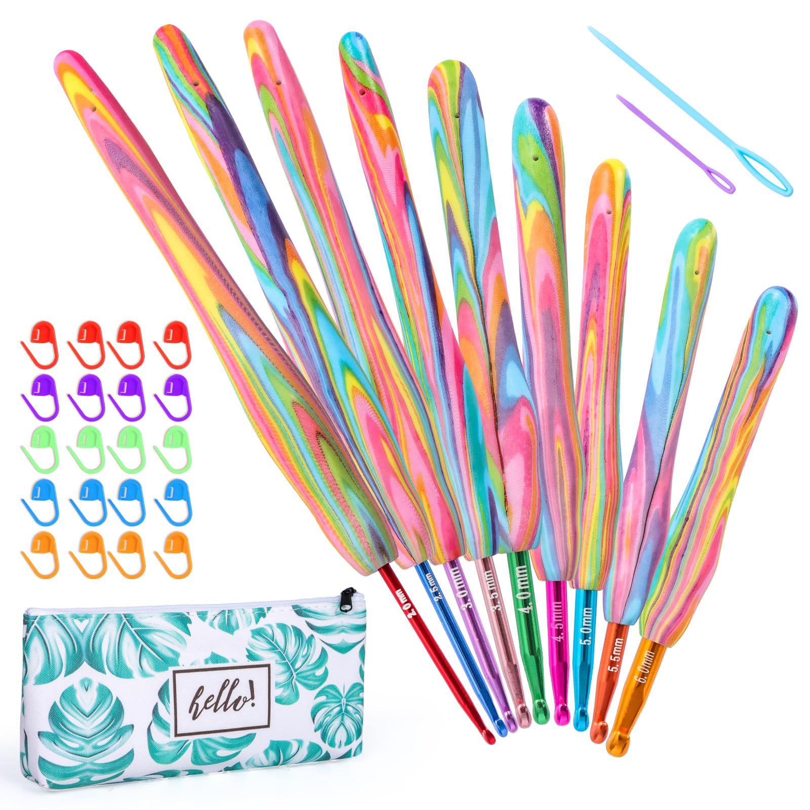 32Pack Crochet Hooks Set, Rainbow Crochet Hook Set with Soft Grip Handle,2.0mm-6.0mm Ergonomic Crochet Hooks Sets for Beginners and Experienced Crochet Lovers
