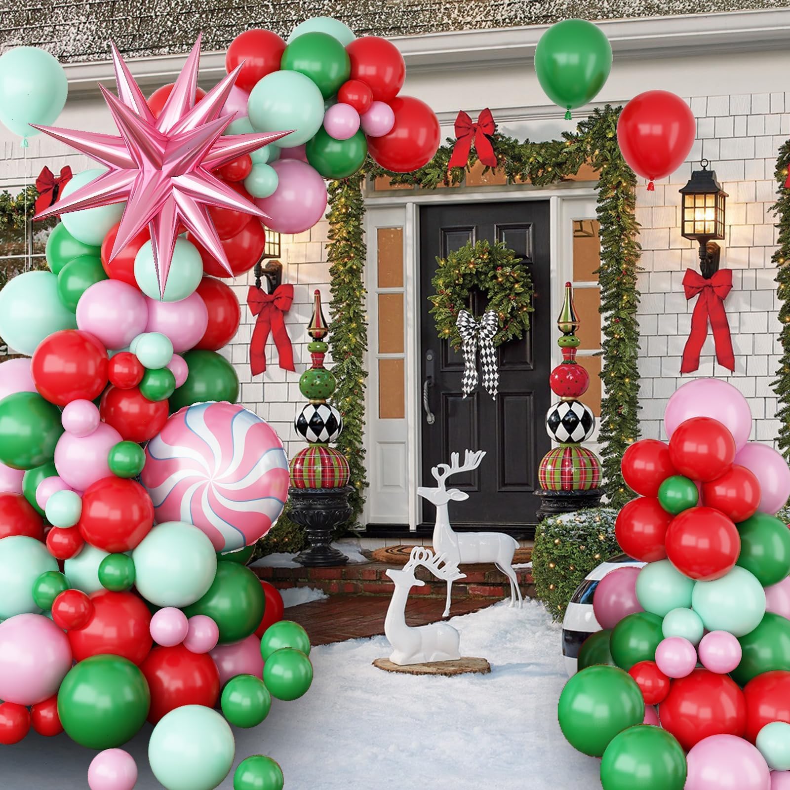 150-Piece Christmas Balloon Arch Kit | Pastel Pink Green Brown Red With Candy Cane & Gingerbread Foil Balloons
