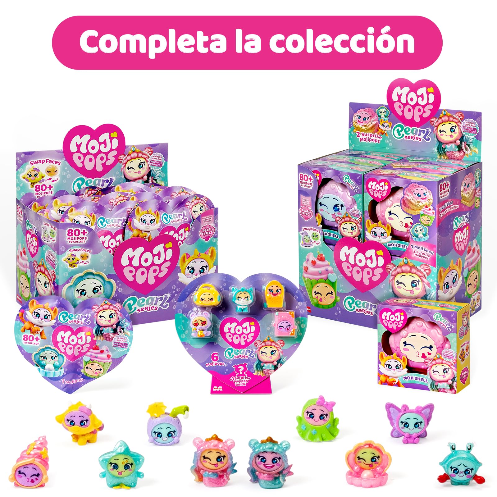 MOJI POPS Pearl Series – One Pack. Caja con 24 Sobres Sorpresa con Figuras coleccionables con caritas Reversibles. Cada sobre Contiene 1 Mojipop Sorpresa y 1 Checklist