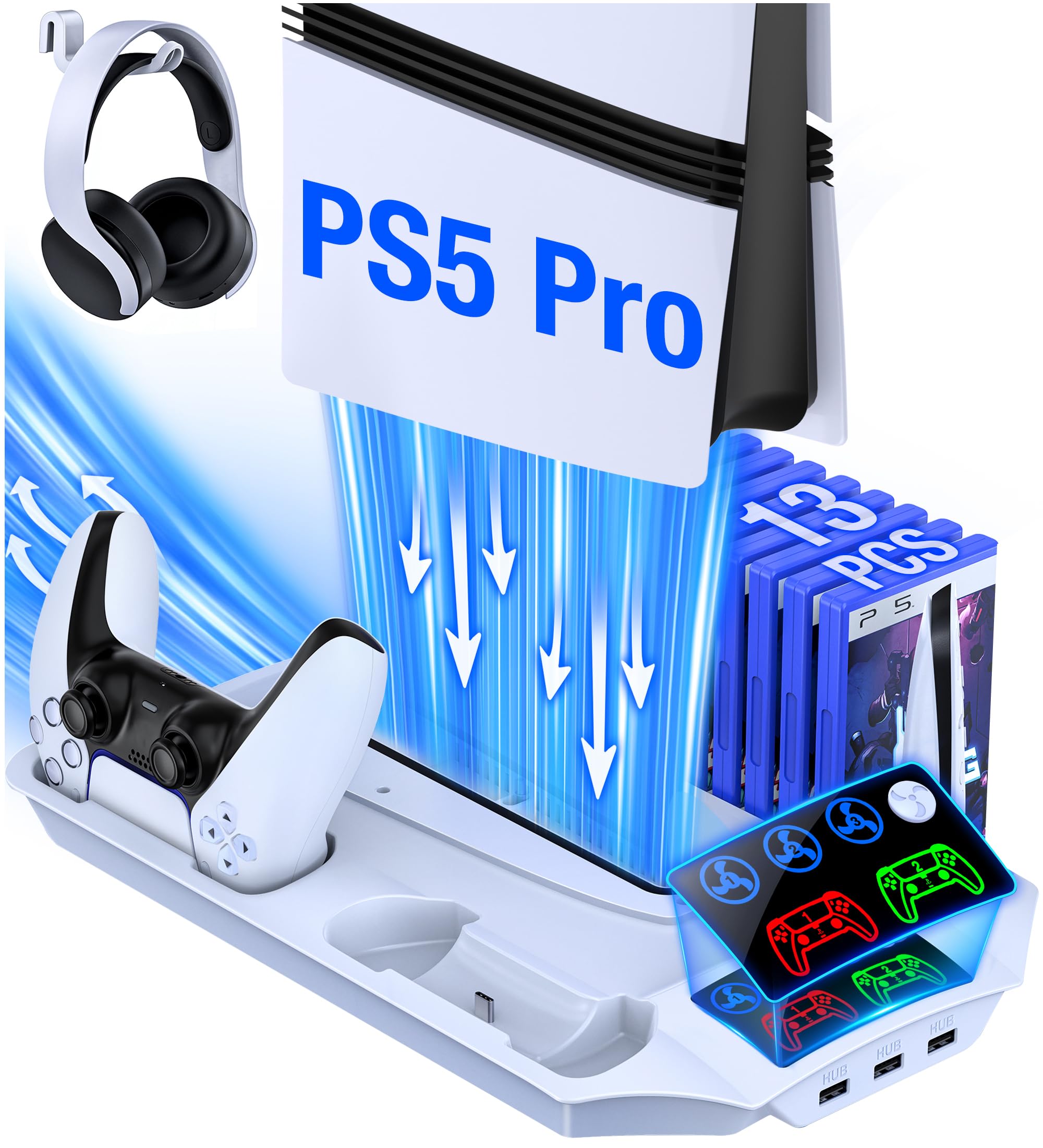 Supporto sottile per PS5/PS5 e stazione di raffreddamento con controller LED stazione di ricarica per console Playstation 5, caricabatterie per controller PS5 veloce 2H, accessori PS5 con ventola di