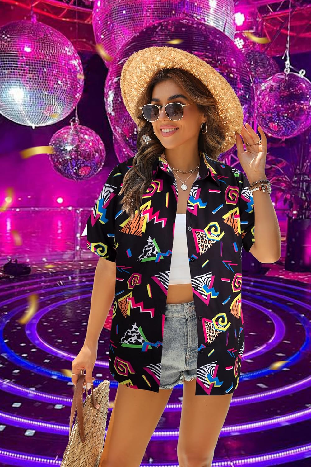 80s 90s Outfits for Women 80's Retro Theme Party Shirt 80s Hawaiian Shirt Neon Hawaii Button Down Short Sleeve Tops - Image 8