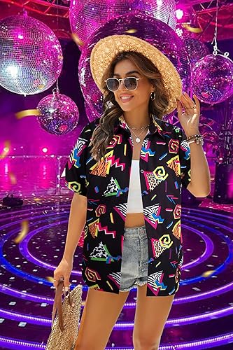 Miniatura 8 de Trajes de los años 80 y 90 para mujer, camisa de fiesta temática retro de los años 80, camisa hawaiana de los años 80, camisa hawaiana neón hawaiana