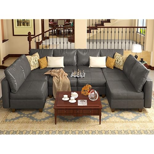EASE MOOSE Modualr Sectional Couch U Shaped Sofa with Storage Ottomans, Gray Faux Leather Sectional Sofa Modular Couch