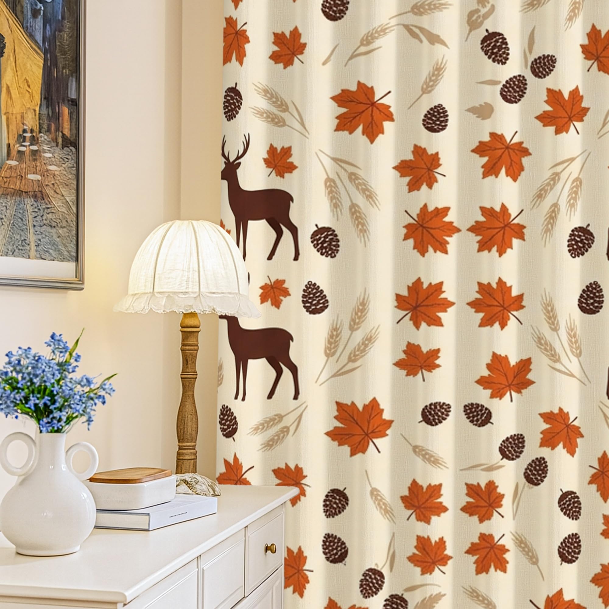Rideaux occultants orange 132x213 cm motif cerf et pomme de pin rustique