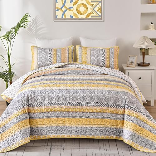 WONGS BEDDING Boho Quilt Set Queen Size, Yellow Bohemian 3 Pieces Quilt Sets, Lightweight Summer Bedspread Coverlet Bedding Set for All Season (96"x90")