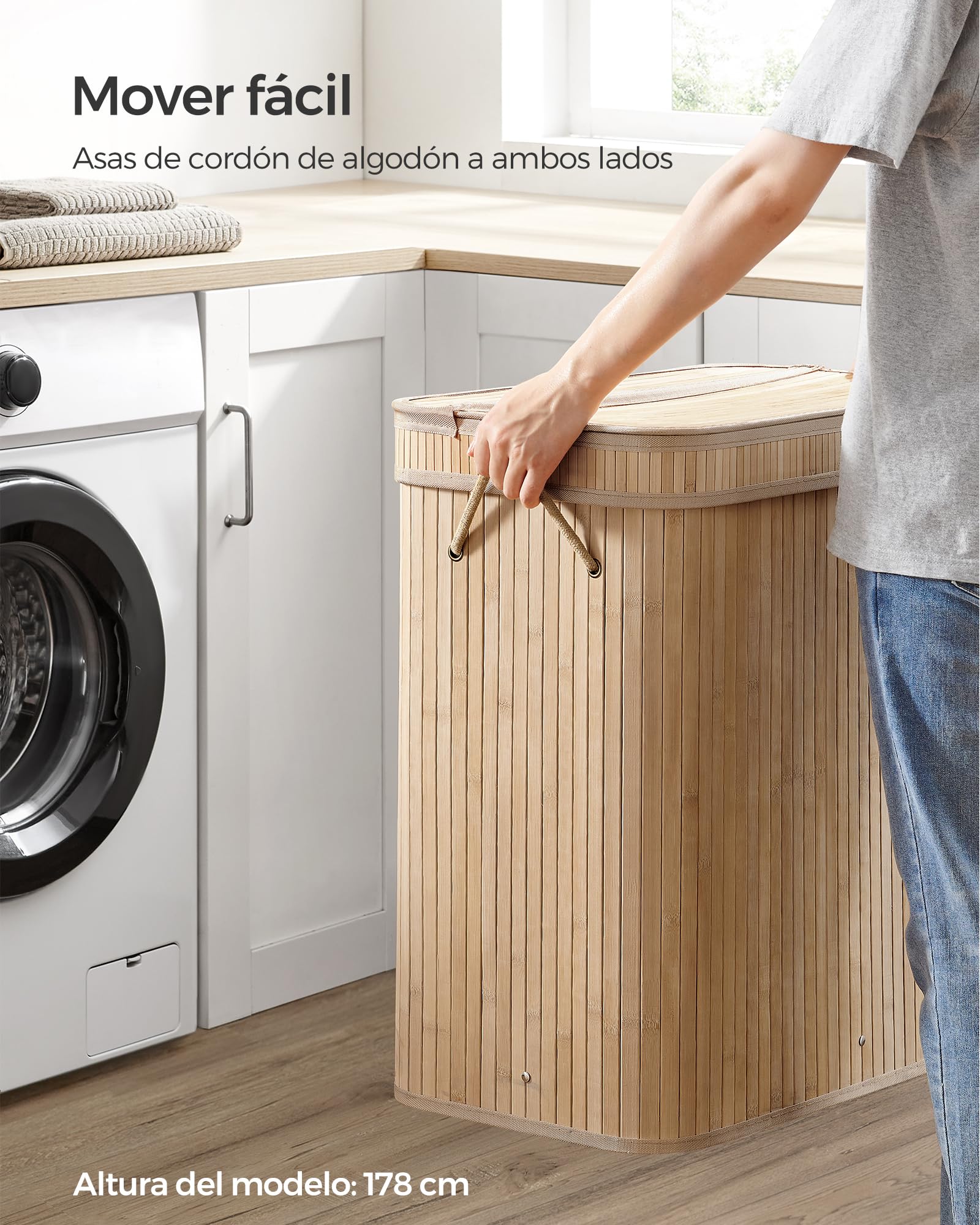 SONGMICS Cesto de lavandería con tapa, 100 L, de bambú, extraíble, lavable a máquina, con asas, para lavandería, dormitorio, baño, color natural LCB063N01