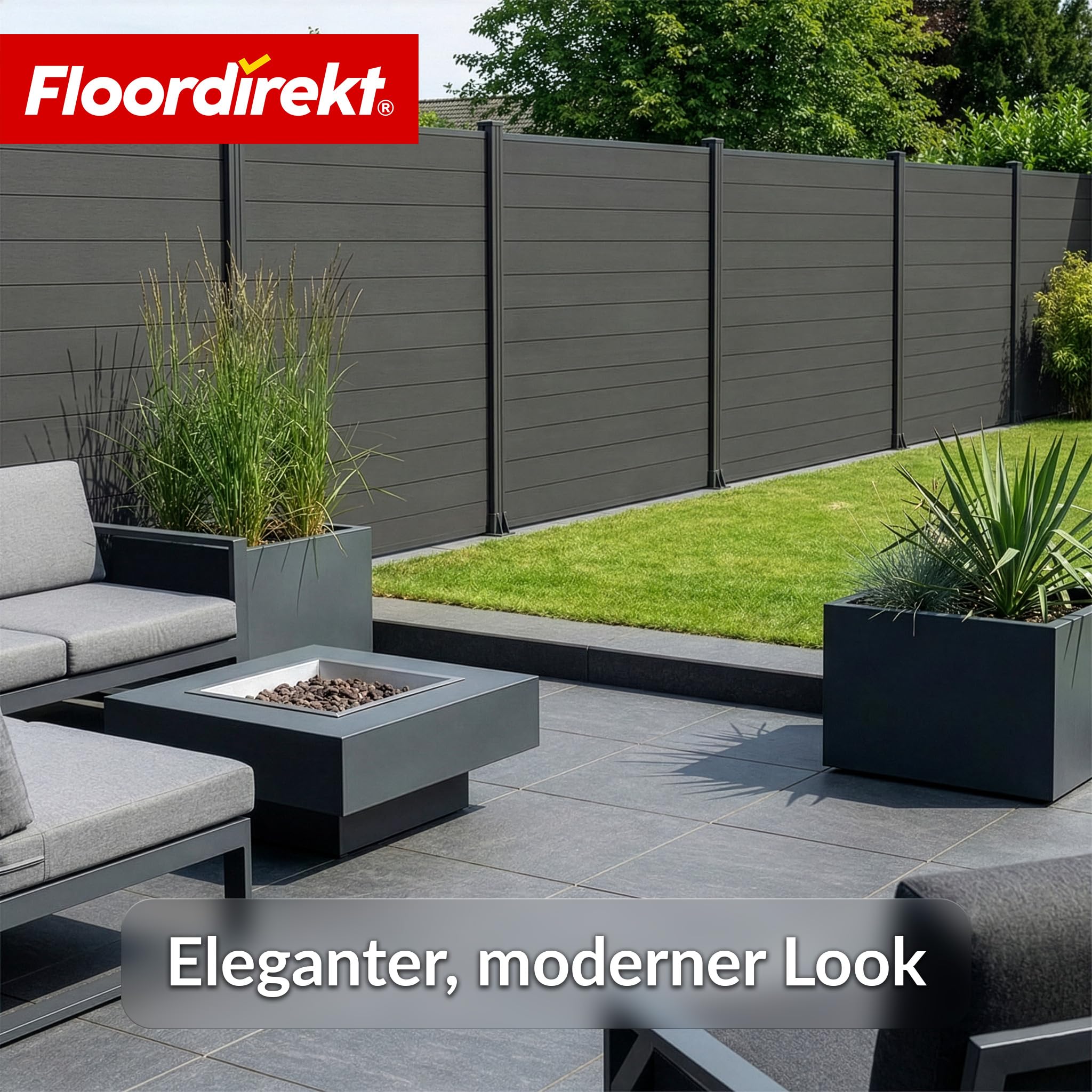 Floordirekt Kompletny zestaw ogrodzenia WPC – czarny – 180 x 180 cm – ogrodzenie ogrodowe, ogrodzenie osłonowe, ogrodzenie wiatrochronne – element na taras i do ogrodu – wraz z materiałem montażowym