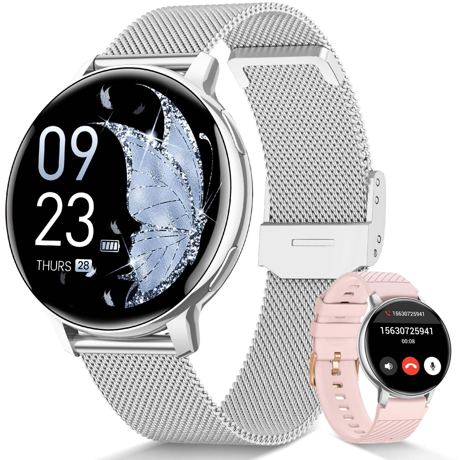 Reloj Inteligente Mujer, 1.27" Smartwatch Mujer con Llamadas, Función Femenina, 120+ Deportes, 24H Pulsometro SpO2, Monitor de Sueño, IP68 Calorías, Podómetro, para Android iOS Plata