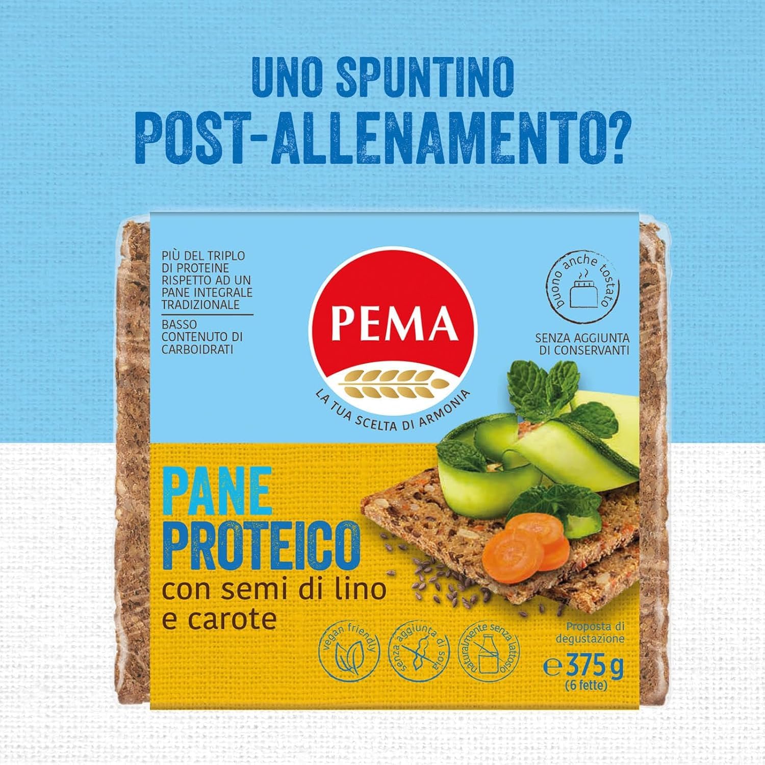 PEMA, Pane Proteico a Ridotto Contenuto di Carboidrati, con Soli Ingredienti Naturali e Ricco di Fibre, 375g