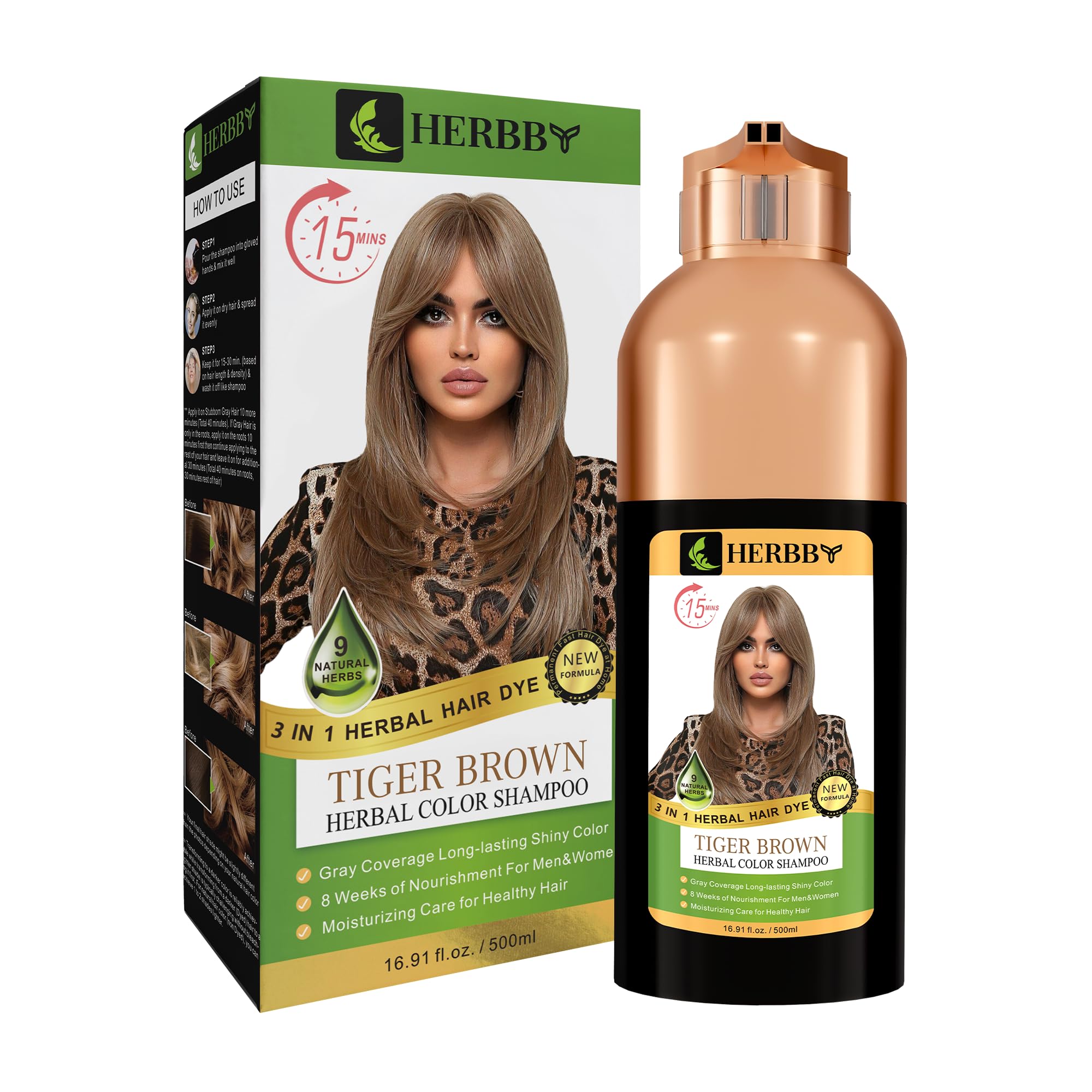 HERBBY Hair Color Shampoo for Gray Hair Coverage&Color Transform with 9 Herbal Extracts –Long Lasting(6-8 Weeks),Shiny,Evenly Colored,Instant Hair Dye Shampoo&Conditioner, 500 Ml (TIGER BROWN COLOR)