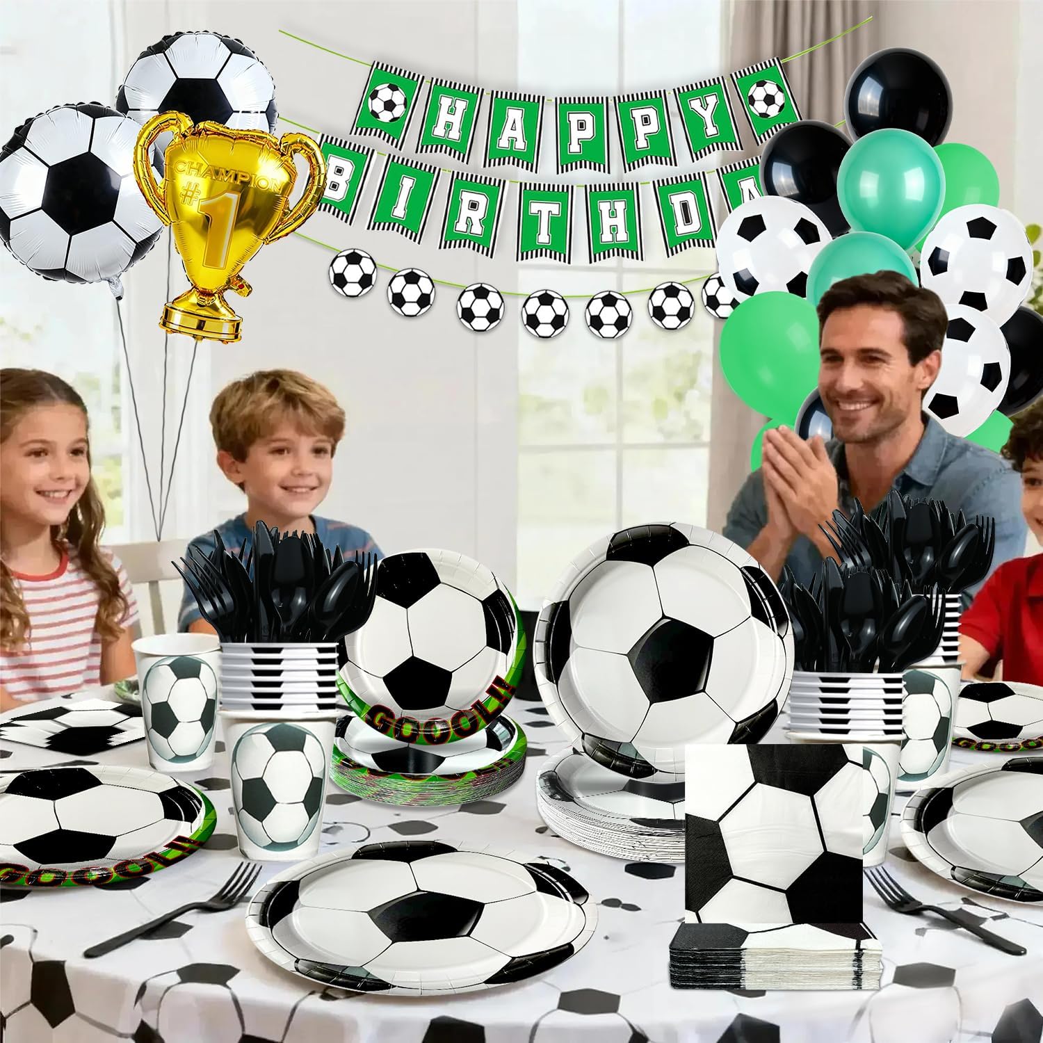 Soccer Party Decorations Tableware - Soccer Banners, Soccer Balloons, Paper Plates, Napkins, Cups, Disposable Tableware,Soccer Themed Birthday Decorations | 24 Guests