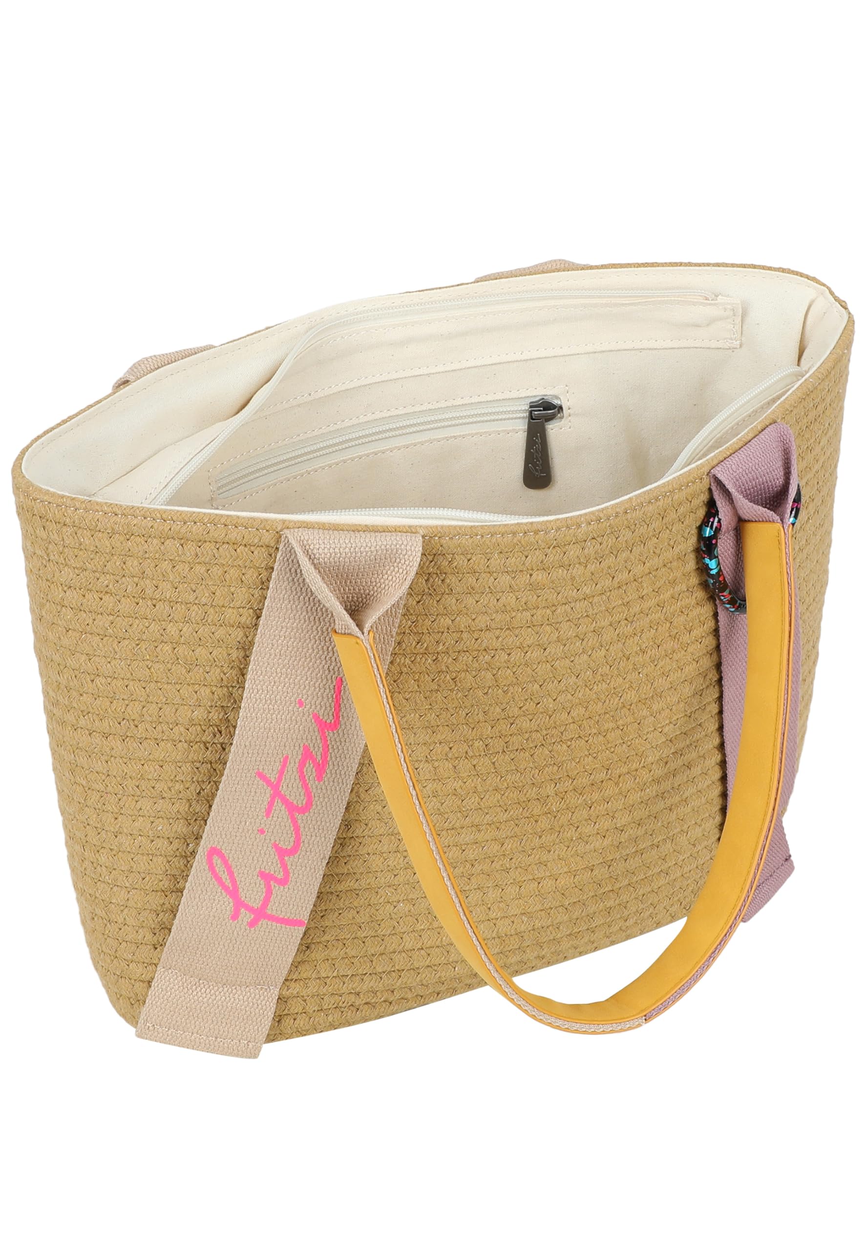Fritzi Happy Summer Shopper Strohtasche Damen Shopper Handtasche Festival Beach vegan Stroh-Optik Herzkarabiner 25 x 37 x 11,5 cm – Beige-Blue, Pink, Mint, Orange