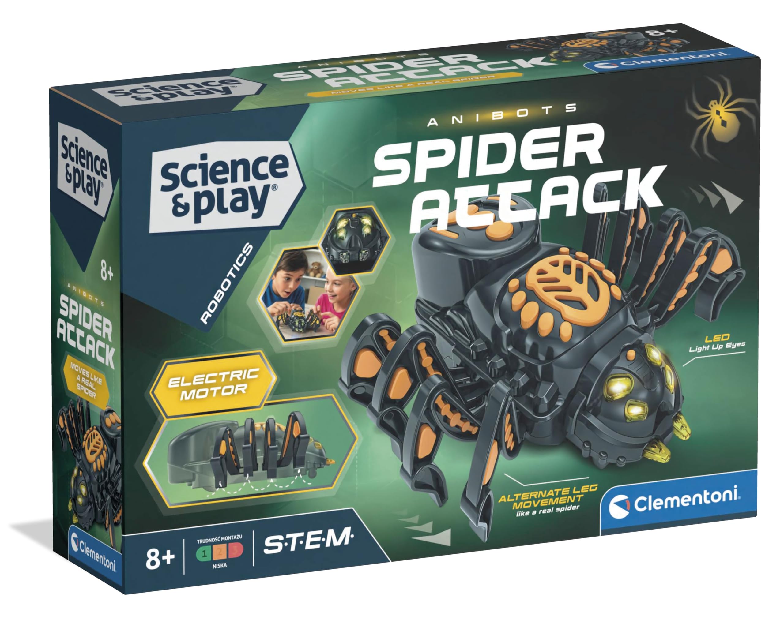 Clementoni Science & Play Spider Robot, STEM Toy for Boys, Build Your Own Walking Robot with LED Eyes & Glowing Fangs, Ages 8+, English Version, 75162