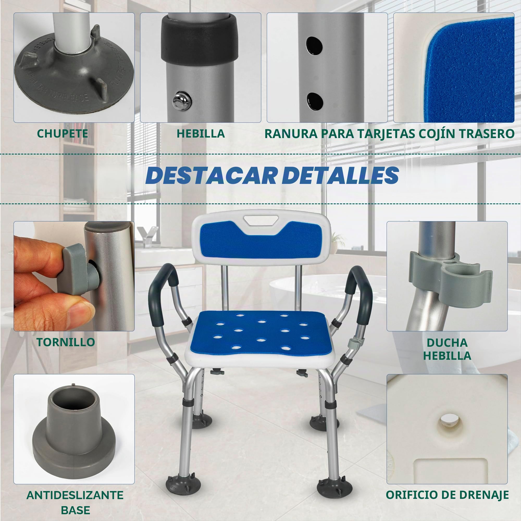OUUTMEE Silla de ducha con reposabrazos y respaldo, taburete de ducha regulable en altura con 6 posiciones, color azul