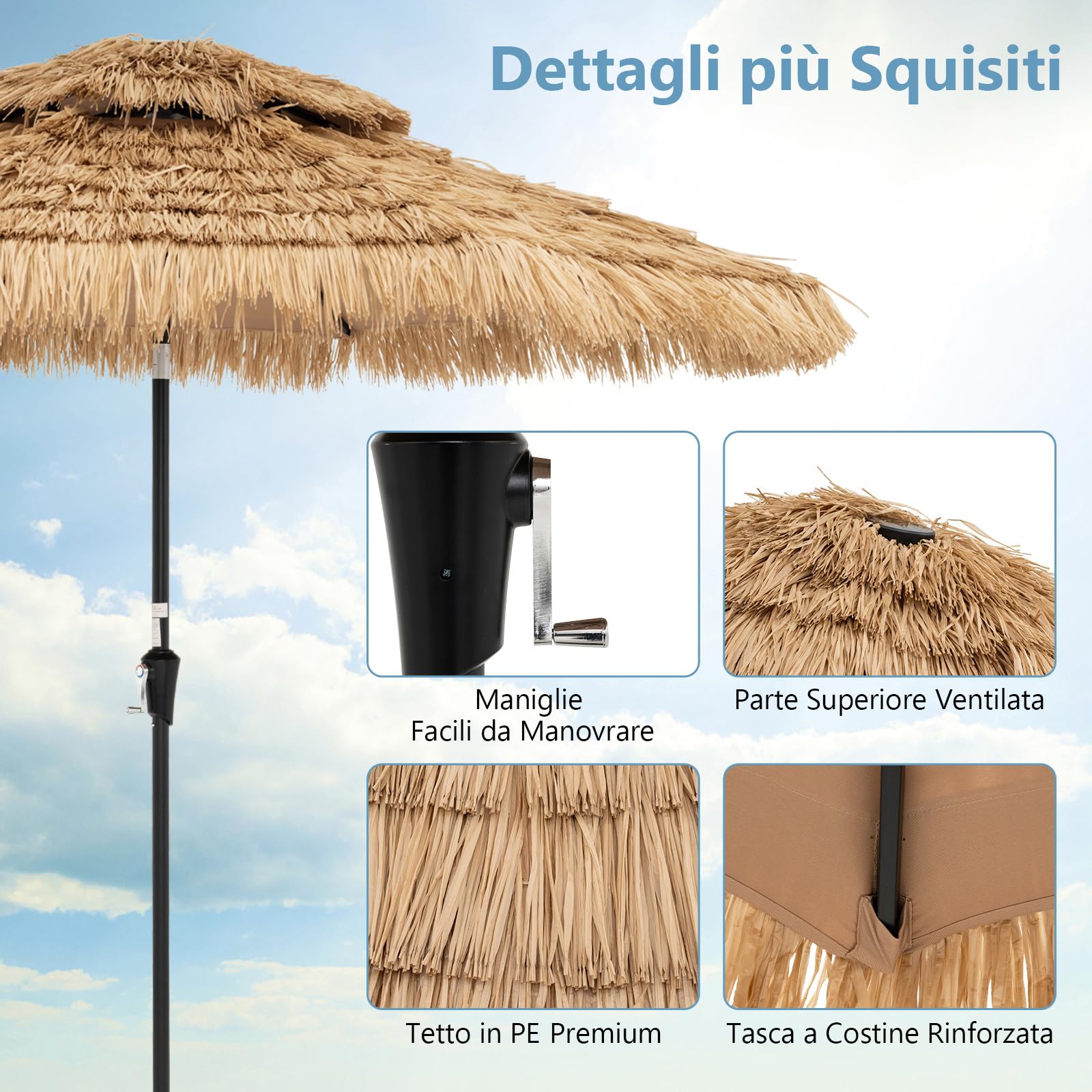 COSTWAY Ombrellone di Paglia in PP 270 cm, con 32 Luci LED, Manovella, Inclinazione Regolabile, Ombrellone Hawaiano da Spiaggia con 8 Stecche (270 cm/32 Luci)