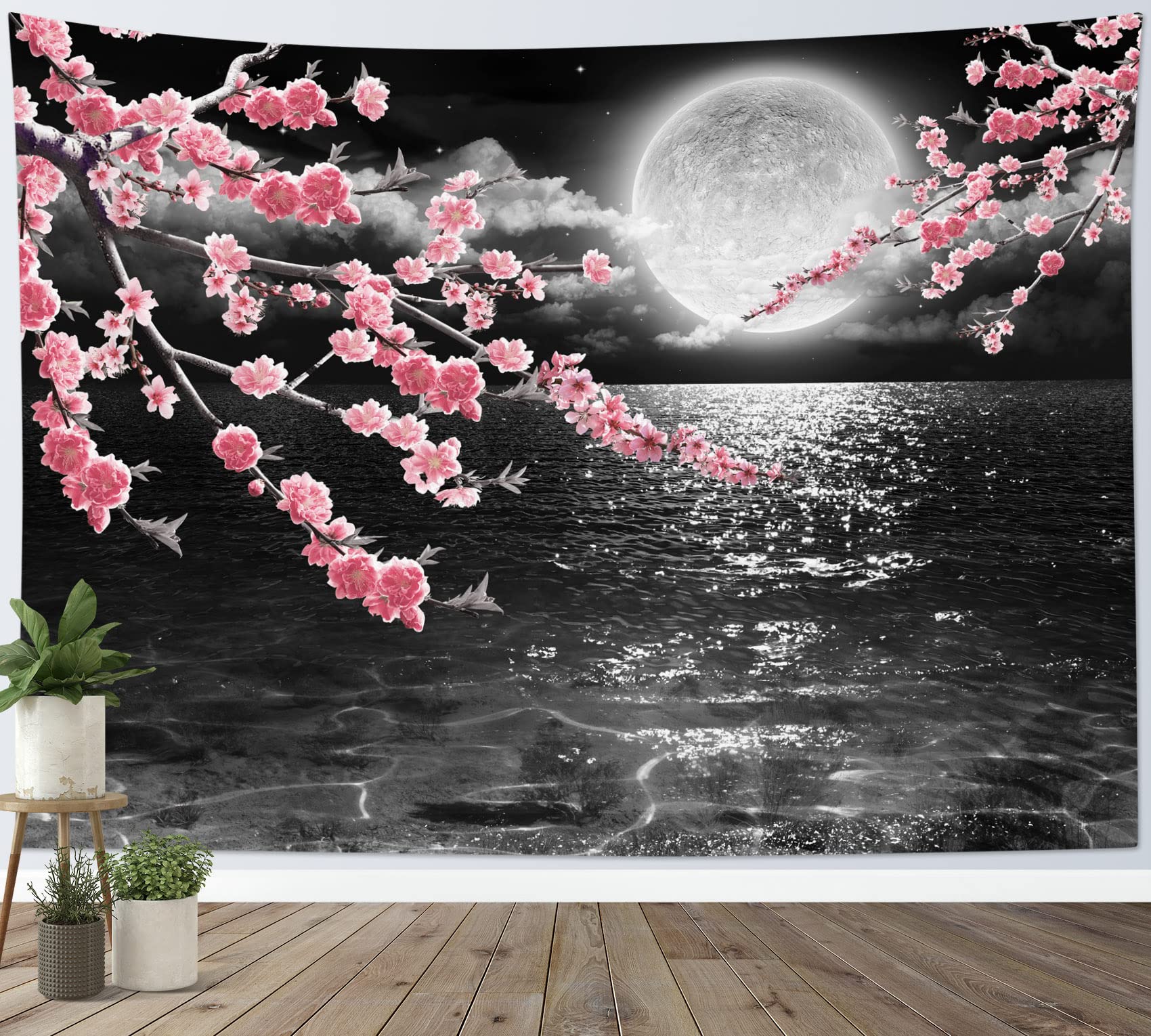 LB Pink Cherry Blossom Tapestry Full Moon with Grey Cloud in Night Sky Wall Tapestry Black Ocean Scenery Tapestries for Bedroom Living Room Dorm Wall Decor,92x70.5 inches