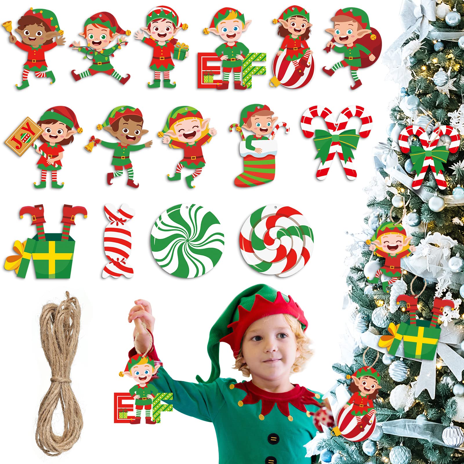 30 Pcs Elf Christmas Tree Ornaments Decoration Elf Wooden Hanging Ornaments Xmas Elves Tree Hanging Sign Boy and Girl Elf with Candy Canes Ornament Xmas Elf Decoration for Christmas Tree Decorations
