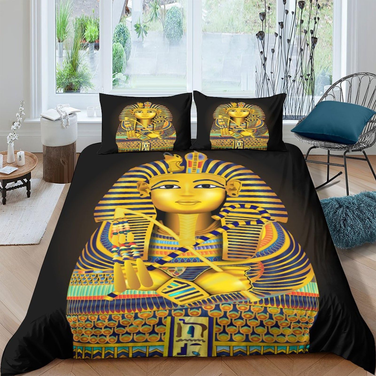 Ctjqhvkz Style-8 3D Printed Egyptian Pharaoh Fitted Sheet Microfiber Soft Black Gold Ancient King Mattress Cover For Bedroom Guestroom Decor Single（135X200cm）