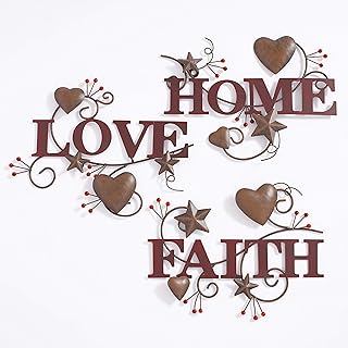 The Lakeside Collection Country Wall Art with Metal Hearts and Stars - Home, Love and Faith - Set of 3