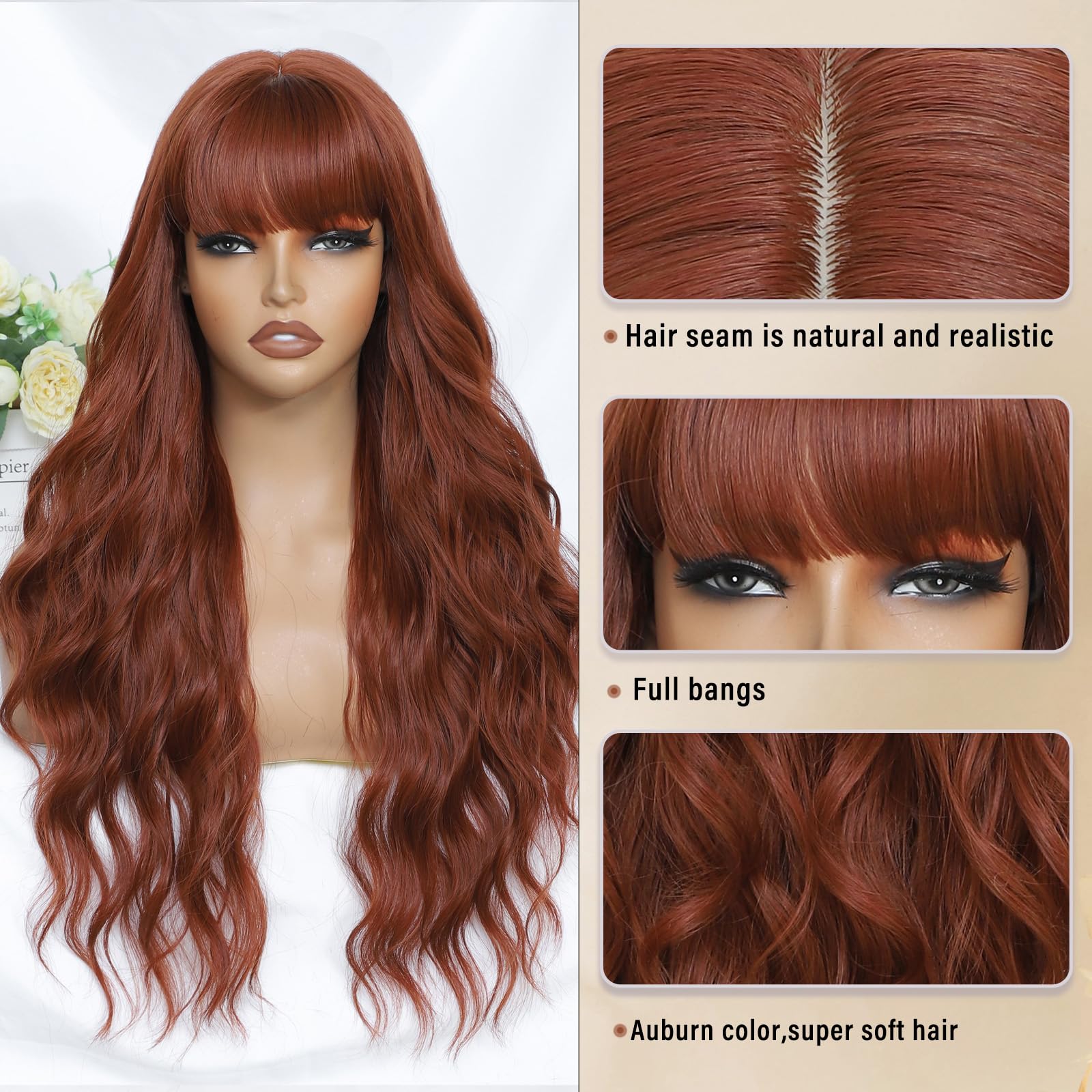 MINSEEYOO Long Wavy Synthetic Wig with Bangs, Heat Resistant