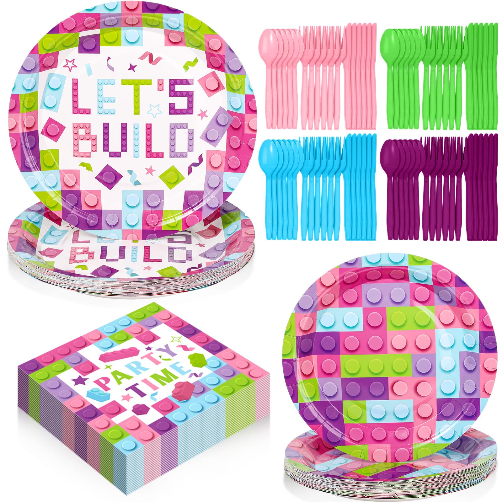 Gejoy 96 Pcs Building Block Birthday Party Supplies, Include 7 Inch 9 Inch Brick Party Plates and Napkins Disposable Plastic Spoons Forks Knives for