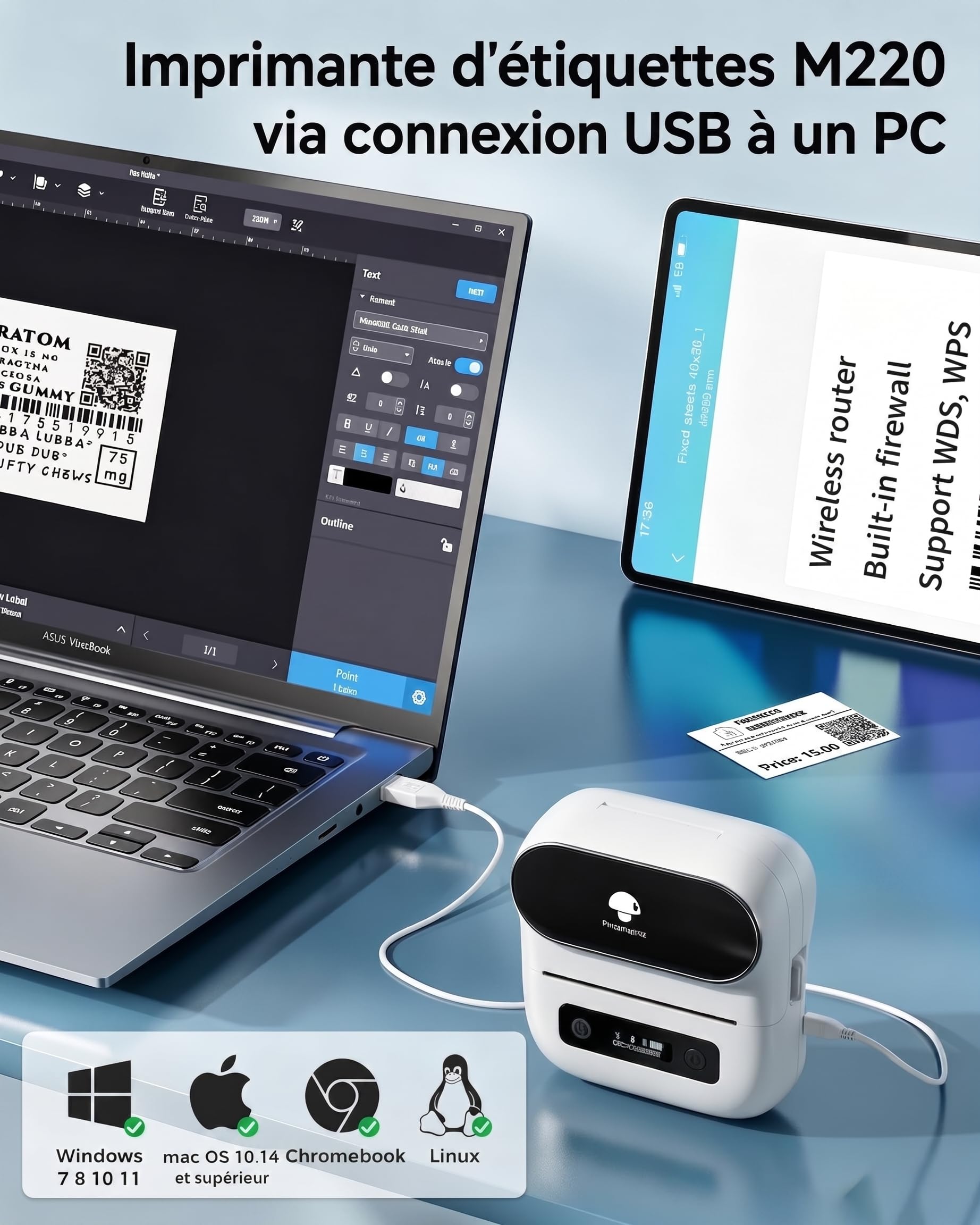 Phomemo M220 Imprimante d'étiquettes Bluetooth Étiqueteuse Imprimante Etiquette - Portable Thermique Convient pour Bureau,Transport,Câble,Boutique,Code à Barres,Compatible avec Phones & PC