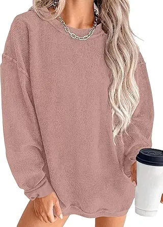 KISSMODA Women's Casual Long Sleeve Sweatshirt Color Block/Solid Crewneck Corduroy Pullover Cute Tops