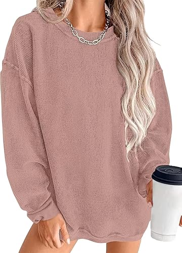 KISSMODA Women's Casual Long Sleeve Sweatshirt Color Block/Solid Crewneck Corduroy Pullover Cute Tops