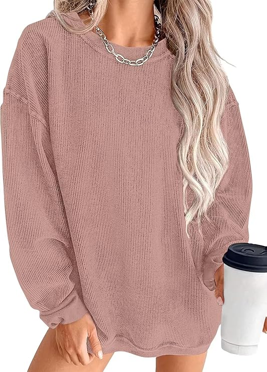 KISSMODA Women's Casual Long Sleeve Sweatshirt Color Block/Solid Crewneck Corduroy Pullover Cute Tops