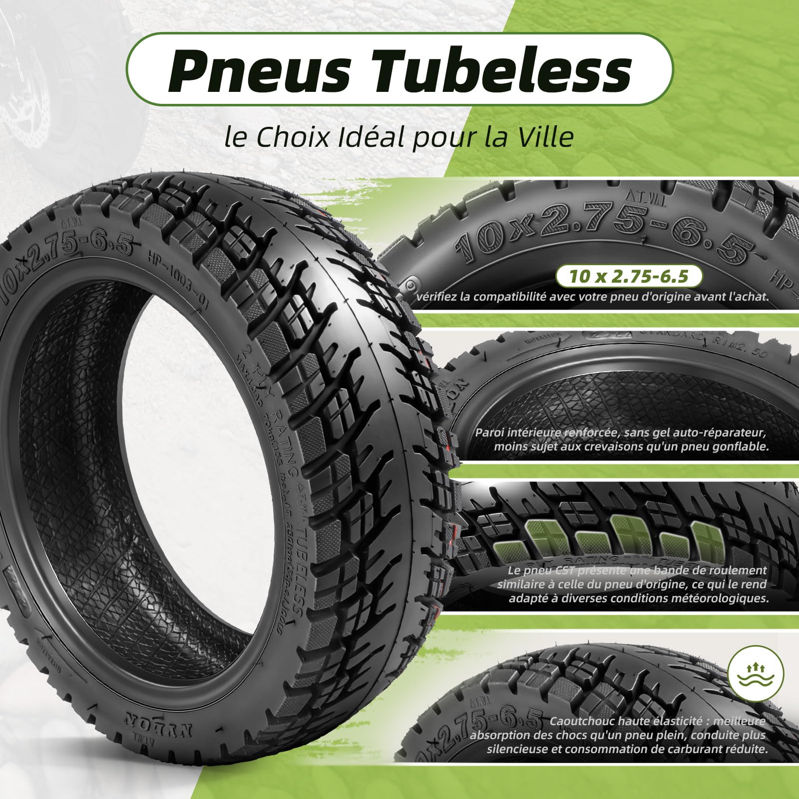10 x 2,75-6,5 Pneus Tubeless Tout Terrain pour Kukirin G2 Master, 10 Pouces Pneus de Rechange pour Kukirin G3 Speedway 5 Dualtron 3 Gotrax G4 Scooter Électrique Avant/Arrière (2 Pièces)