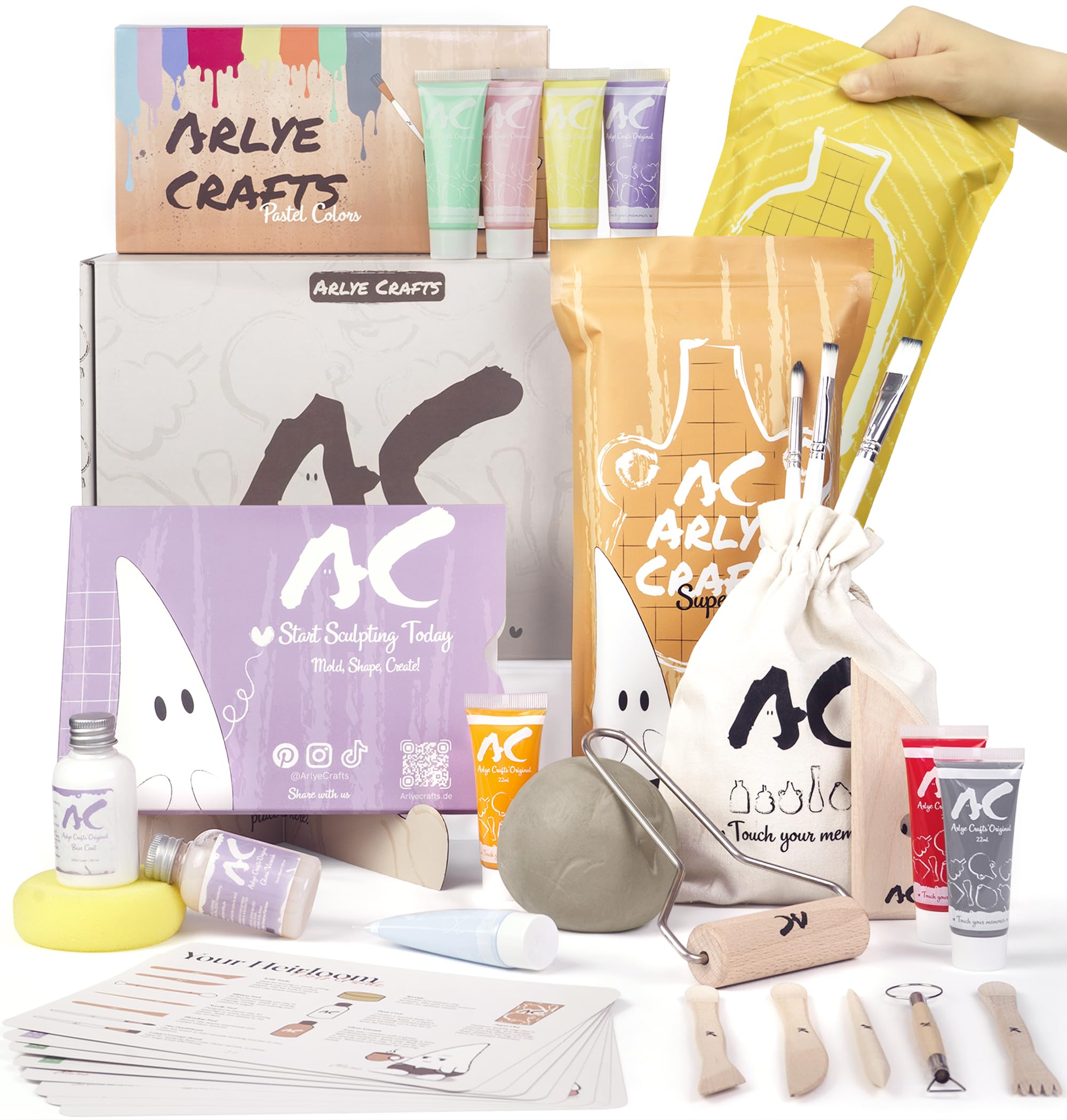 Set di ceramiche per la casa – perfetto per principianti | Set fai da te per adulti con 2 kg di argilla essiccante all'aria, colori acrilici, strumenti, pennelli e istruzioni (set di