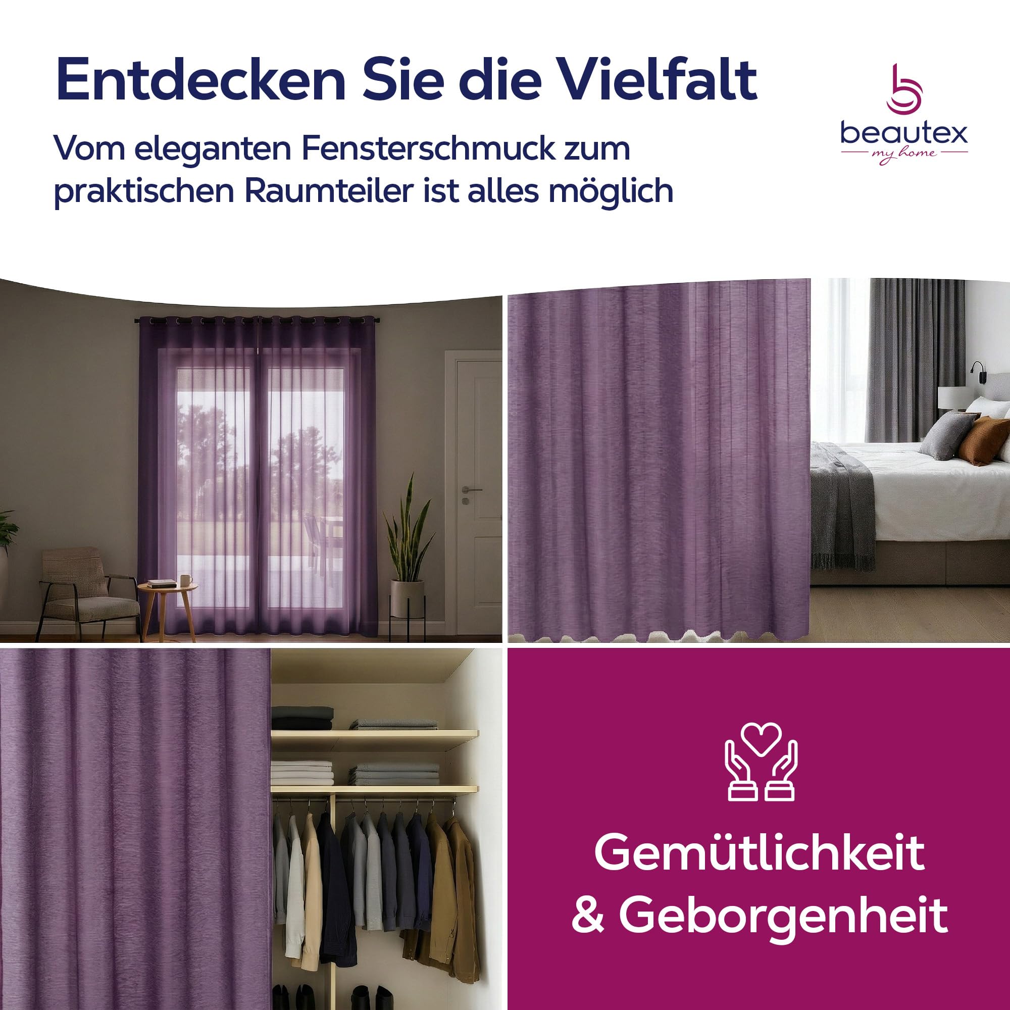 BEAUTEX Vorhang mit Kräuselband oder Ösen, transparente Gardine Dolly, Farbe und Größe wählbar (Kräuselband - Breite 290 cm - Höhe 250 cm - 1 Stück - Pflaume)