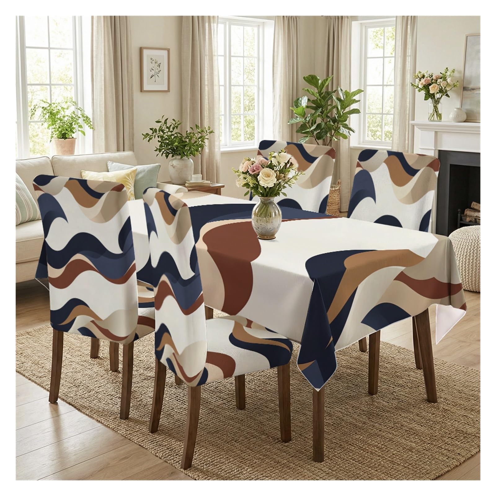 BOSUYBN Mid Century Abstract Wavy Geometric Printed Dining Tablecloth & Chair Covers Set, 5/7 Piece Neutral Modern Minimalist Home Decor Table Setting(5pcs Set: Tablecloth+Chair Covers)