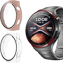 Blueshaweu Protective Case for Huawei Watch 4 Pro - Pack of 2 Hard PC Case with Glass Screen Protector, Compatible with Space Edition (Transparent + Pink)
