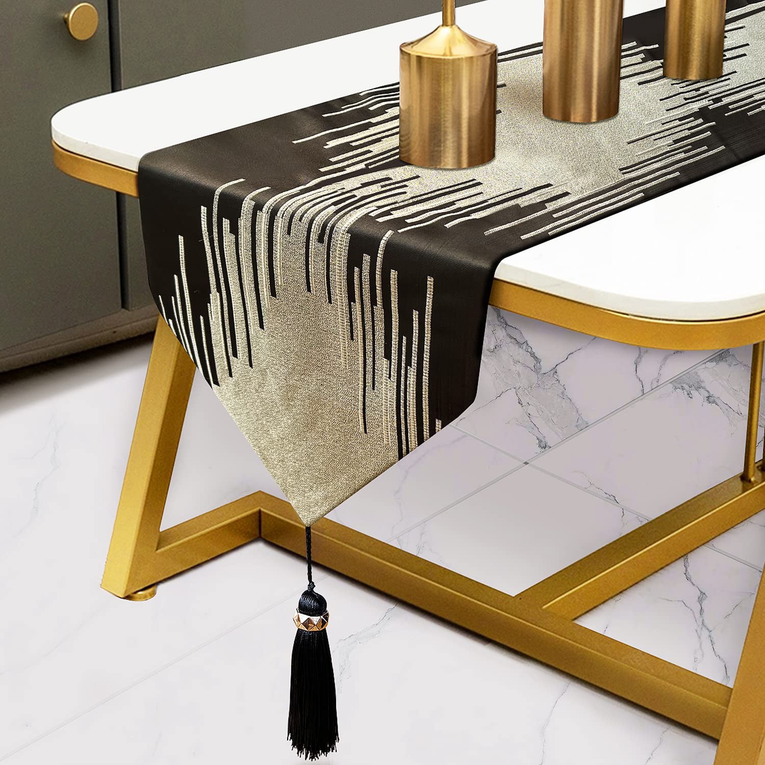 Fullony Black Table Runner 72 Inches Long Handmade Embroidery Modern Abstract Striped Pattern with Ring Stylish Tassels for Home Living Room Bedroom
