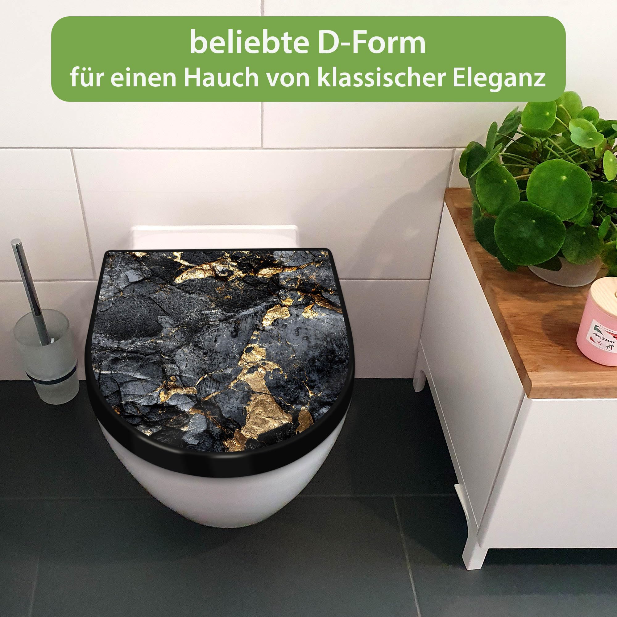 banjado WC Sitz mit Absenkautomatik D Form - Toilettendeckel mit Absenkautomatik D Form - Klodeckel Softclose - stabile Klobrille - Toilettensitz Schwarz - Motiv Schwarzer Marmor mit Gold 1