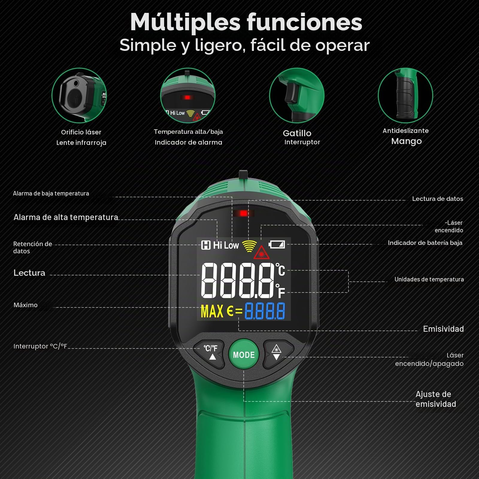 Termómetro Infrarrojo SQECH Láser -50℃~600℃ Emisividad Ajustable Retroiluminación Color Verde