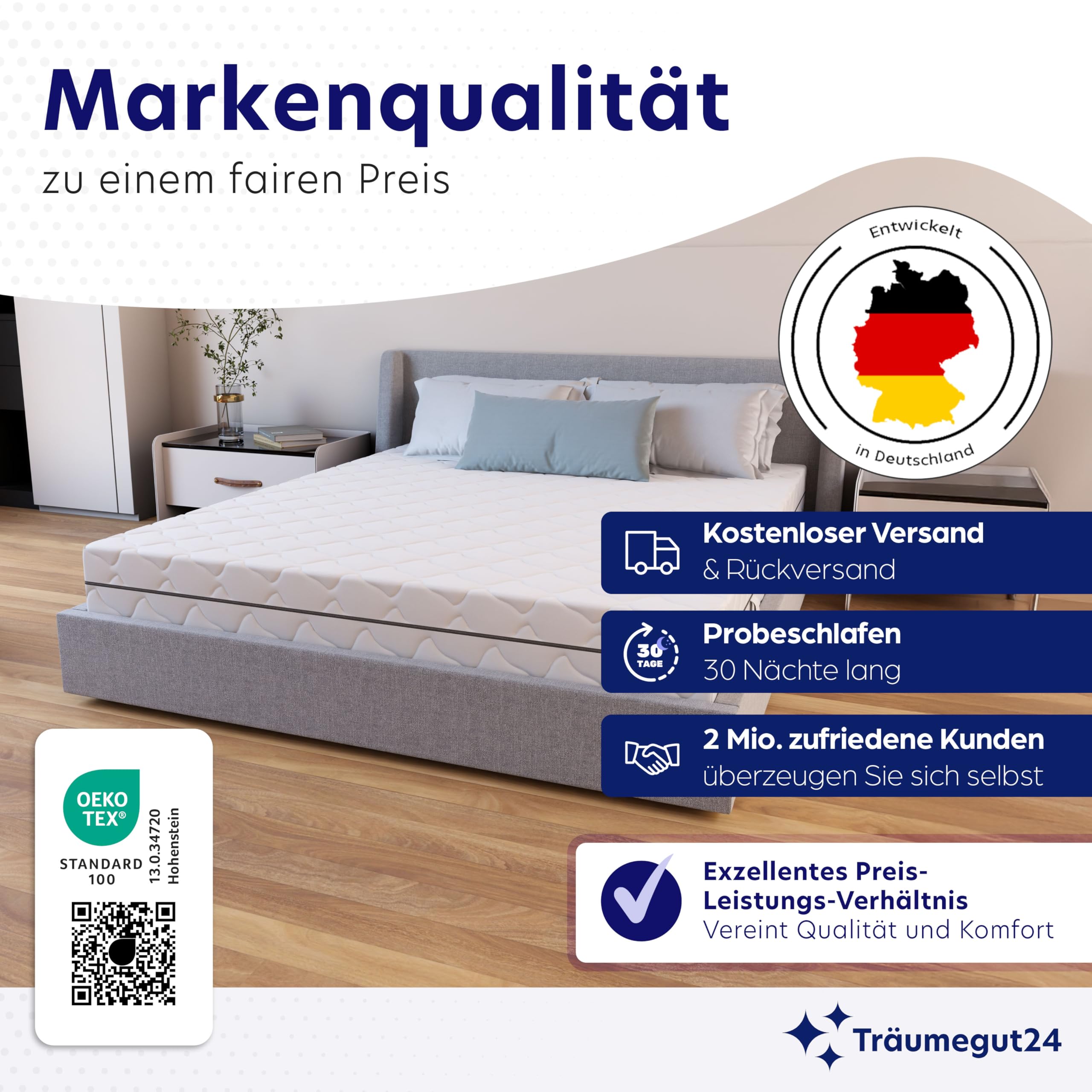 Träumegut24 Taschenfederkern Matratze 120 x 200 cm | 21 cm Höhe | Größe + Härtegrad wählbar | 7-Zonen-System für ergonomisches Liegen | Oeko-TEX Zertifiziert | (120x200, H3)