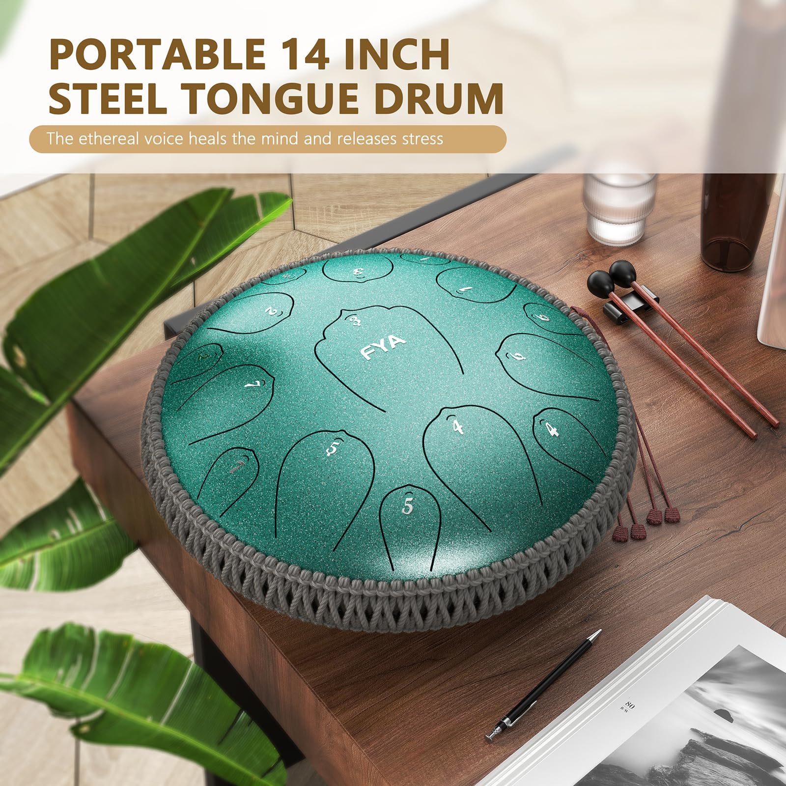 FYA 14 Inch Steel Tongue Drum 15 Notes D Major for Kids and Adults with Rubber Mallets, Finger Picks and Padded Travel Bag, Unique Gifts for Him or Her (Malachite-15 Note 14 Inch) 4