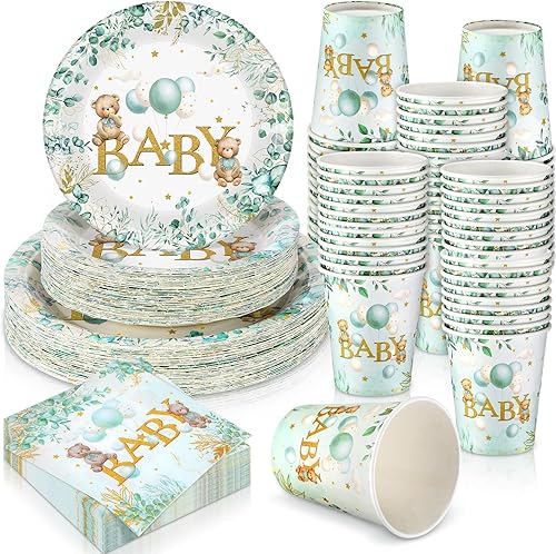 Miniatura 1 de Juego de 200 piezas de vajilla para fiesta, patrones impresos, servilletas, tazas, decoraciones de mesa para baby shower, fiesta de cumpleaños (oso)