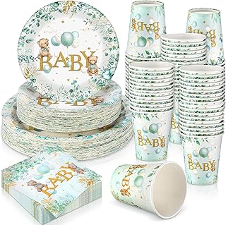 200 Pieces Party Supplies Tableware Set Patterns Printed Plates Napkins Cups Table Decorations for Baby Shower Birthday Party (Bear)