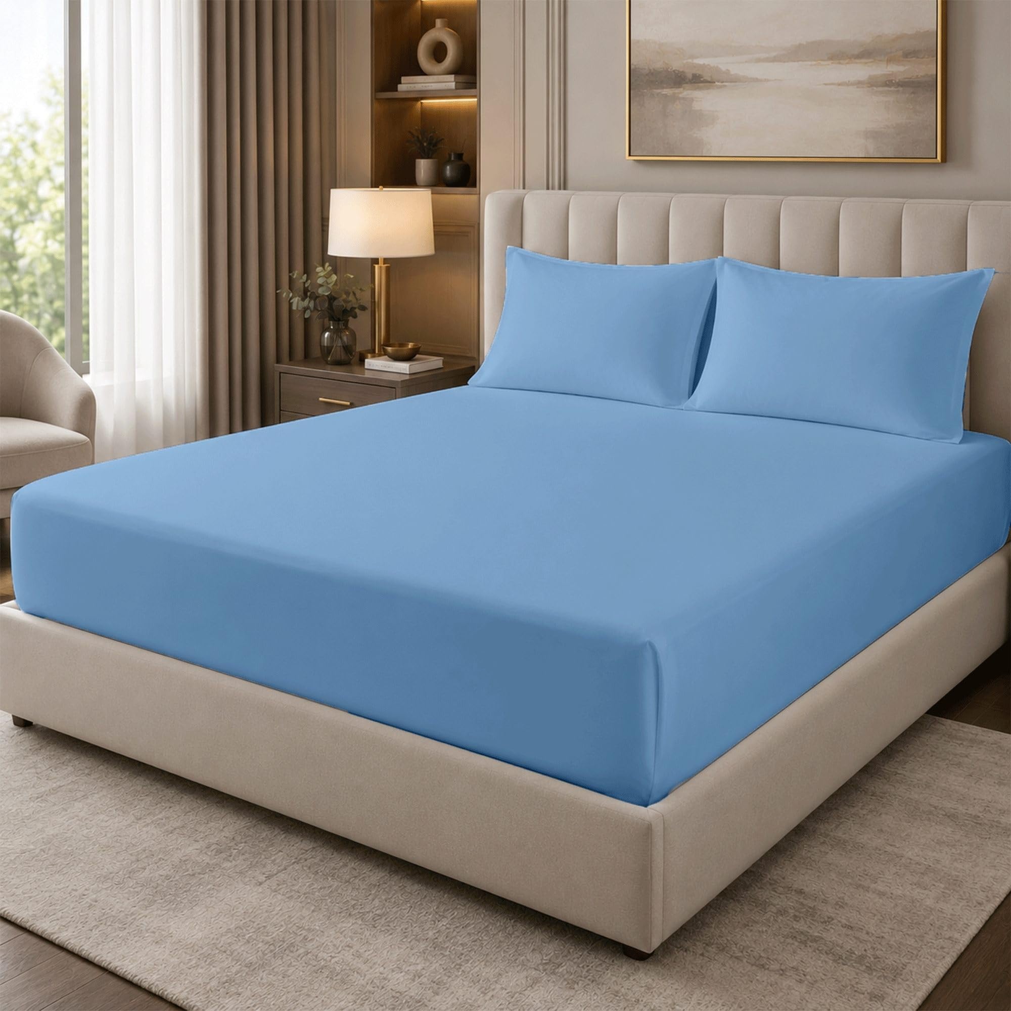 100% Egyptian Cotton 400 Thread Count Double Fitted Sheet, 25cm Deep Pocket, 137 x 190cm, Breathable Cotton Bedding for Double Bed Mattress