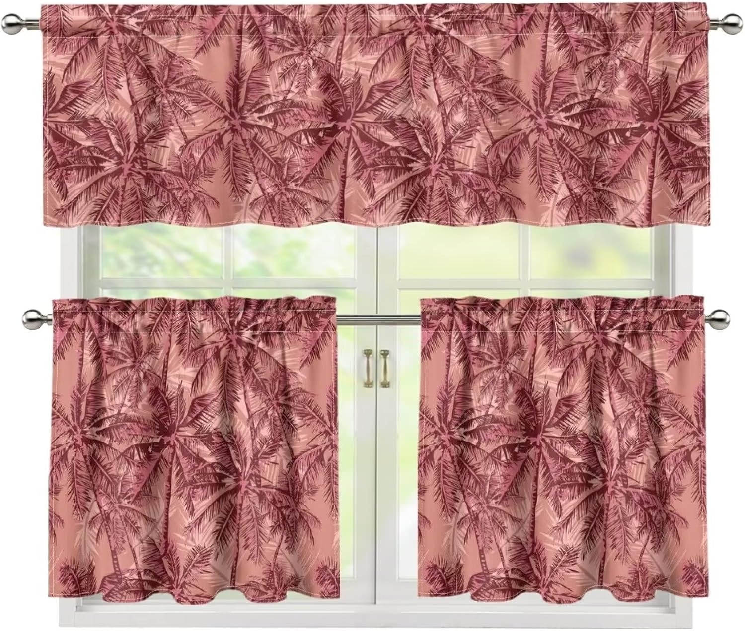 HUISEFOR Kitchen Curtains Tiers and Valances Set of 3, Palm