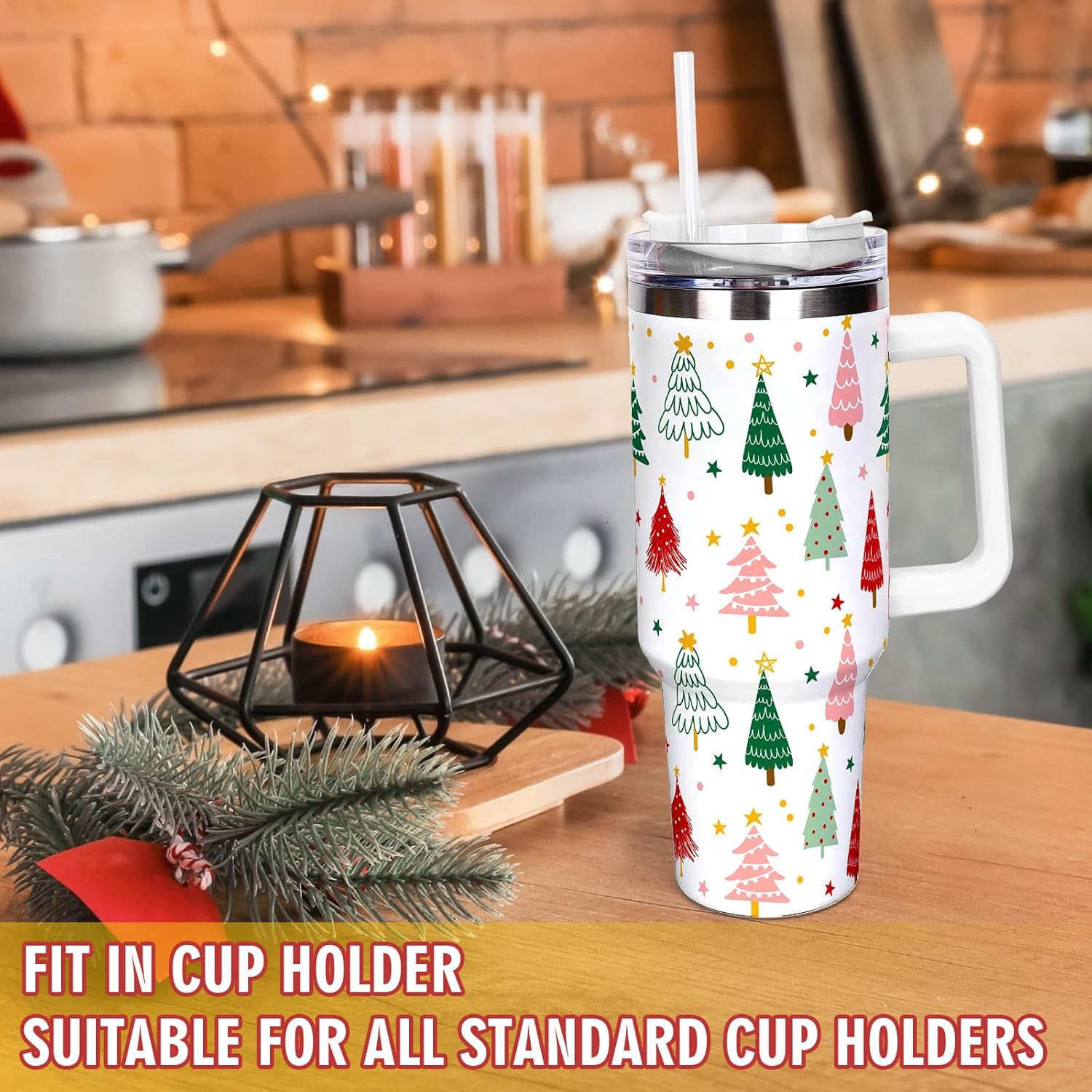 Whaline 40oz Christmas Tumbler with Handle Straw and Lid Cute Xmas Tree Travel Tumbler Coffee Cup for Holiday Party Home Office - Image 7